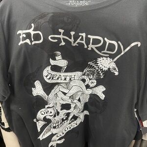 Ed Hardy Black Tee with White Skull & Banner Graphic